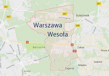 Mapa warszawskiej dzielnicy Wesoła i okolic gdzie wykonujemy usługi montażu anten satelitarnych i naziemnych